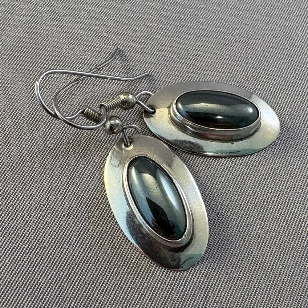 Hematite and Sterling Silver‎ Oval Earrings